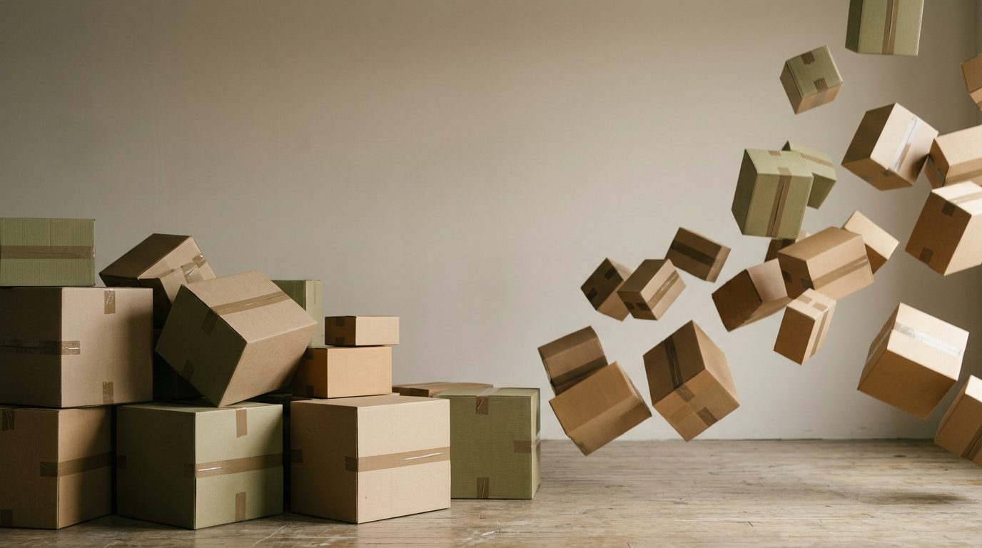 Plain cardboard moving boxes stacked on the left, others tumbling through the air on the right