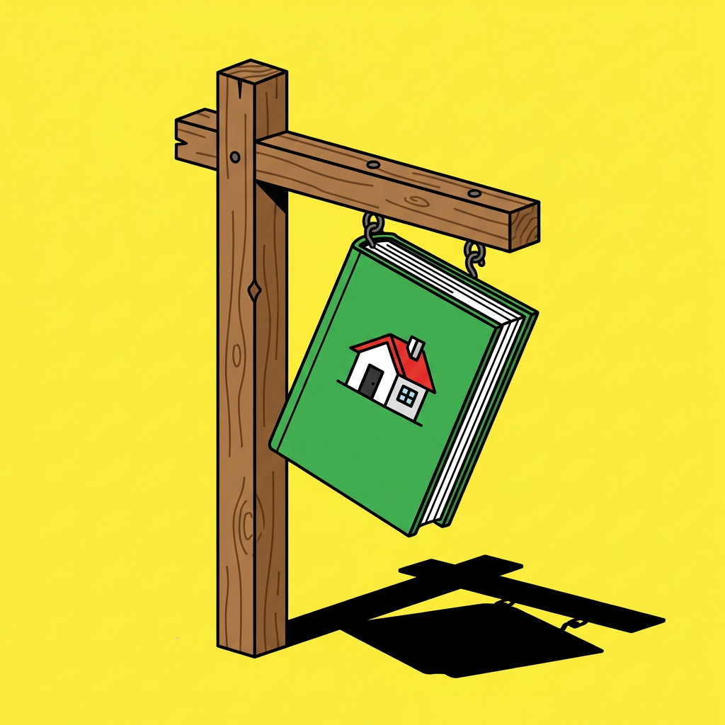 A wooden signpost with a green book hanging from it, a small red-roofed house printed on the cover