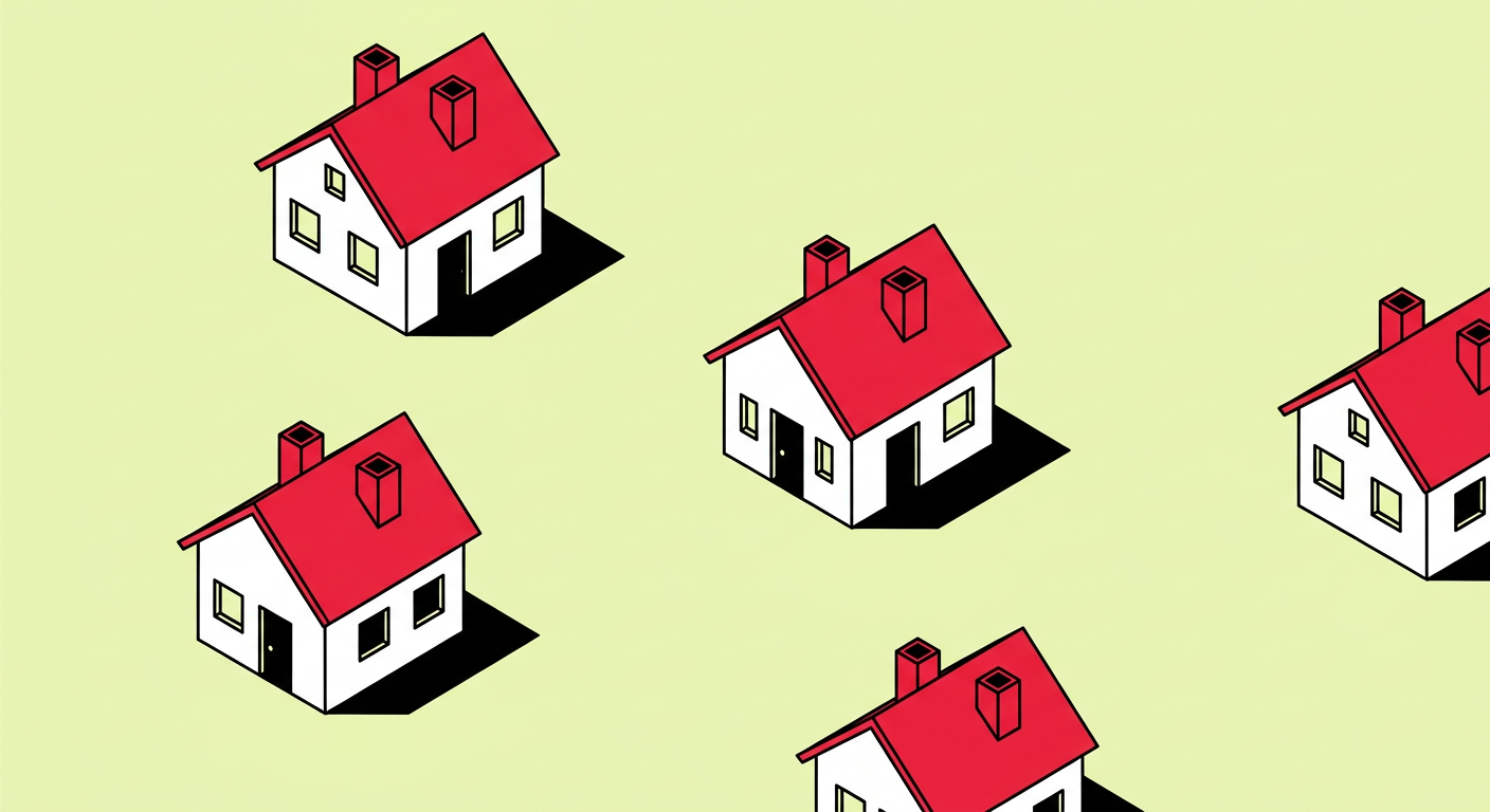 Five white houses with red roofs scattered across a pale green field
