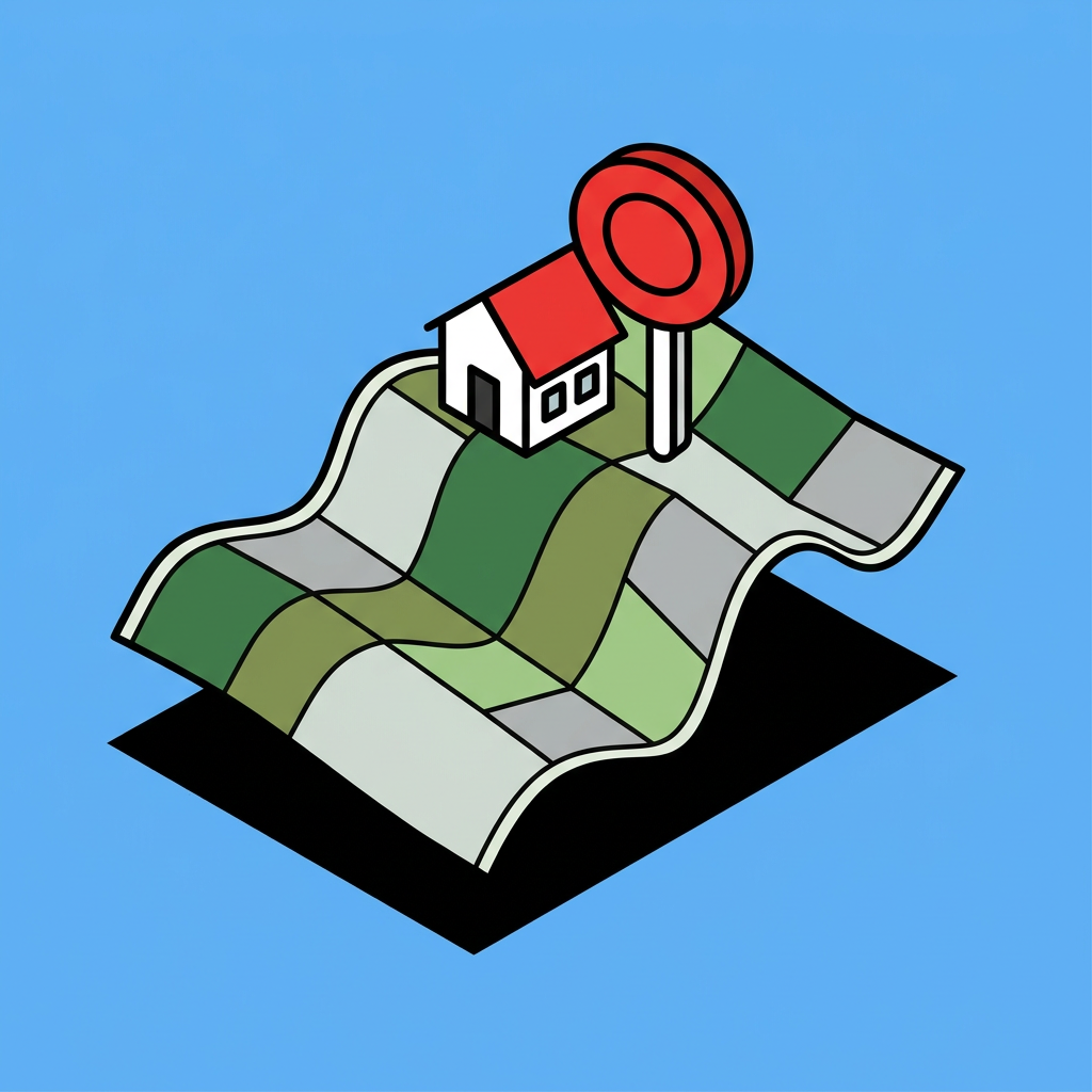 A folded map of green regions with a small house and a red map pin on top